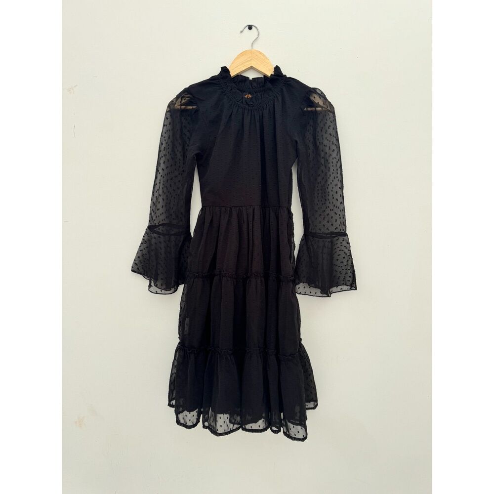 Polago Black Swiss Dot Tiered Midi Dress Bell Sleeve Ruffle Neck Size XS